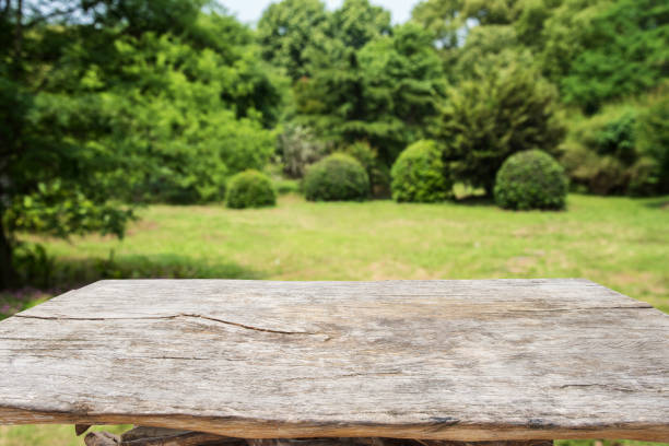 Old wooden table and green woodland blurred abstract background stock photo