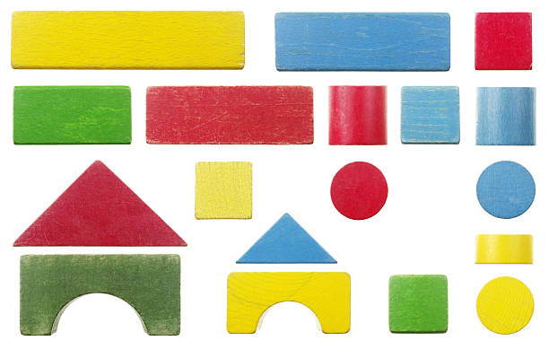 old wooden toy building block set isolated on white - blok vorm stockfoto's en -beelden