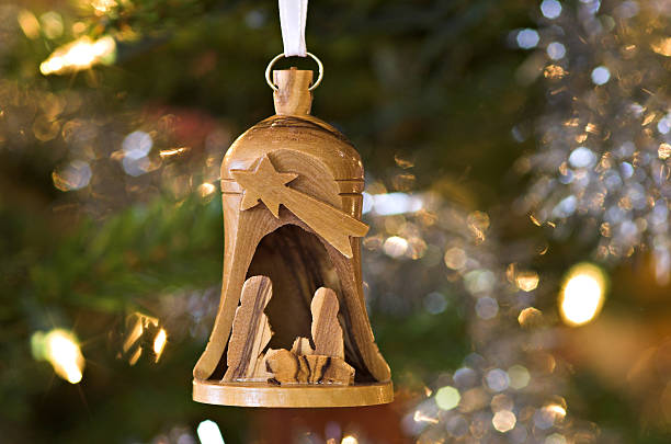 Olive Wood Nativity Scene Christmas Ornament stock photo