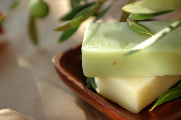 Olives soap with leaves ,close up stock photo