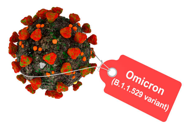 omicron covid variant b.1.1.529. coronavirus with tag. 3d rendering isolated on white background - omicron stockfoto's en -beelden