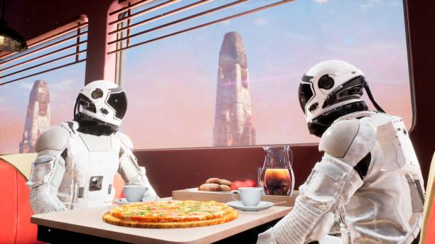 On a distant red planet, astronauts have lunch at a local eatery. 3D Rendering. stock photo
