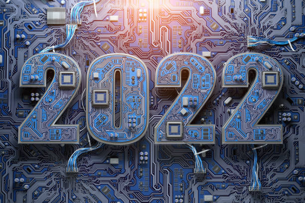 2022 on circuit board or motherboard with cpu. Computer technology and internet commucations digital concept background. Happy new 2022 year. stock photo