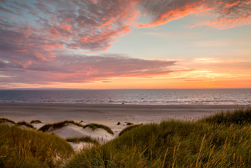 Sunset on the beach, West Coast of Jutland, Denmark.