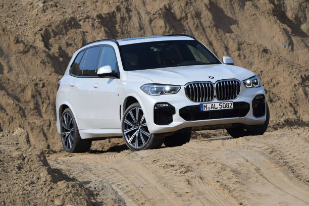 BMW X5 on the road Berlin, Germany - 6th April, 2019: BMW X5 parked on the sand road. The BMW vehicles are the one of the most popular luxury cars in the world. bmw stock pictures, royalty-free photos & images