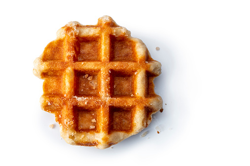 One Liege Style Belgian Waffles on white background. High angle view.