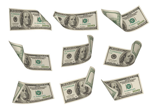 One hundred dollar bills Front view of a one hundred dollar bills on isolated white background. High quality 3D illustration.Also available fifty and twenty dollar bill. american one hundred dollar bill stock pictures, royalty-free photos & images