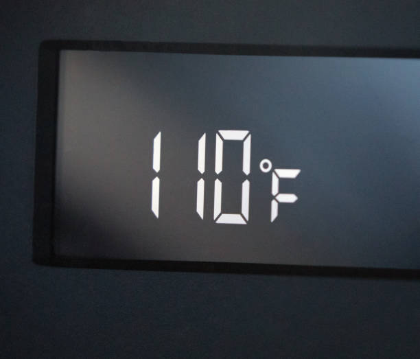 One Hundred Ten Degrees Hot Temperature Gauge Reading Hot temperature car thermometer 110 degrees Fahrenheit gauge reading. fahrenheit stock pictures, royalty-free photos & images