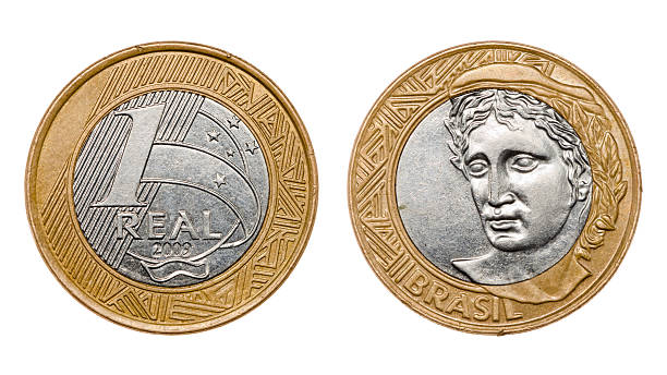 One real coin front and back faces One brazilian real coin isolated on white background with clipping path single object stock pictures, royalty-free photos & images