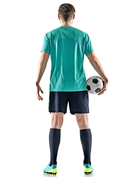 one soccer player man standing isolated white background stock photo