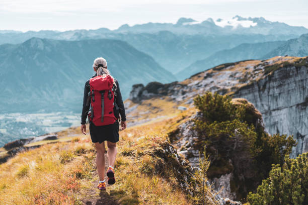One Woman Hiking Along Mountain Ridge, Rear View stock photo