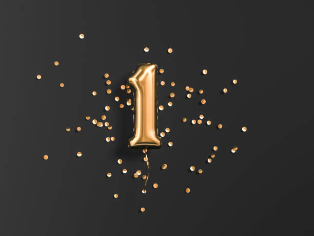 One year birthday. One year birthday. Number 1 flying foil balloon and gold confetti on black. One-year anniversary background. 3d rendering number 1 stock pictures, royalty-free photos & images