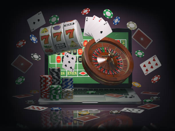 Online casino concept. Laptop roulette, slot machine, chips and  cards Online casino concept. Laptop with roulette, slot machine, casino chips and playing cards isolated on black background. 3d illustration gambling stock pictures, royalty-free photos & images