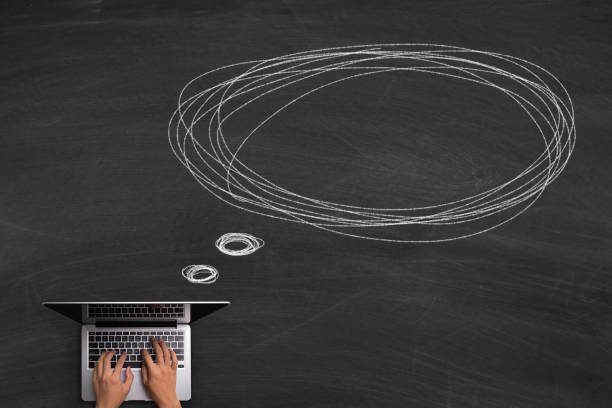 Online Communication Concept With Laptop On Blackboard stock photo