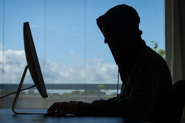 Online crime Hacker doing his crime on a desktop computer in broad daylight. freshwater fishing stock pictures, royalty-free photos & images