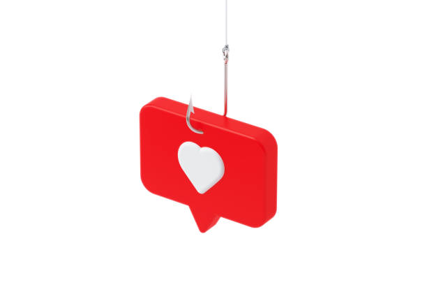 Online Dating And Messaging Security Concept - Red Speech Bubble With White Heart Symbol Hooked By A Fishing Hook On White Background Red speech bubble with white heart shape hooked by a fishing hook on white background. Horizontal composition with copy space. Online dating and messaging security and scam concept. scammer stock pictures, royalty-free photos & images