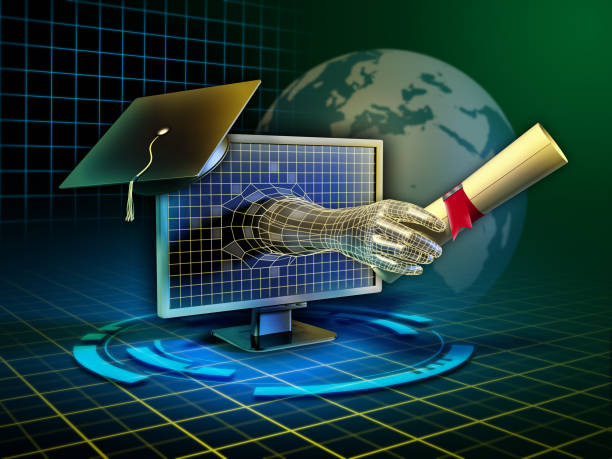 Online learning Android hand emerges from a monitor and delivers a diploma. Digital illustration. online computer science degree stock pictures, royalty-free photos & images