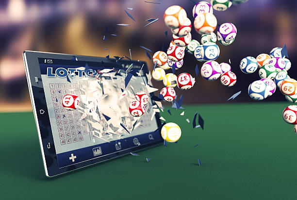 online lottery tablet pc with a lottery app and lottery balls coming out by breaking the glass (3d render) lottery stock pictures, royalty-free photos & images