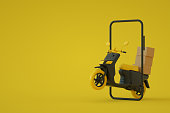 3d render, online shopping, delivery, scooter, motorcycle, supply chain, smart phone mockup, transportation, mobile application, e-commerce.