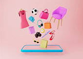 istock Online shopping  on smartphone .  shopping items and mobilephone floating on pink background . digital marketing  concept.  3d rendering 1386631373