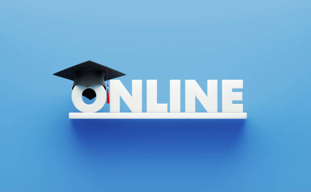 Online Text and Black Graduation Cap Leaning onto Blue Wall Online text and black graduation cap leaning onto blue wall. Online education and school concept. online degrees stock pictures, royalty-free photos & images