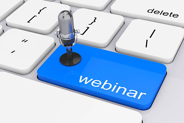 Online Training Concept. Blue Webinar Button with Microphone. 3d stock photo