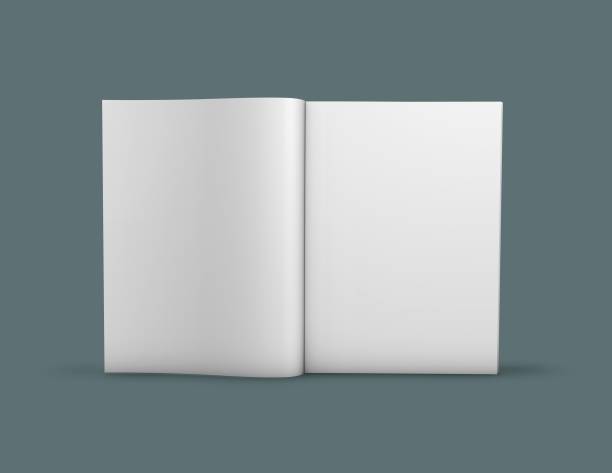 Open blank pages magazine, catalog standing on floor with shadow mock up 3D render. Open blank pages magazine, catalog standing on floor with shadow 3D illustration. white pages directory stock pictures, royalty-free photos & images