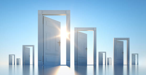 Open Door Group of open doors with blue sky and sun looking to the future stock pictures, royalty-free photos & images