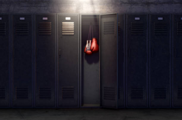 open locker and hung up boxing gloves - changing room imagens e fotografias de stock