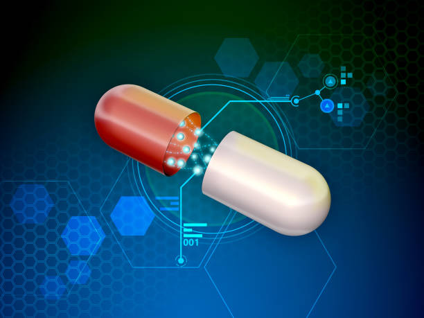 Open pill with active ingredients stock photo