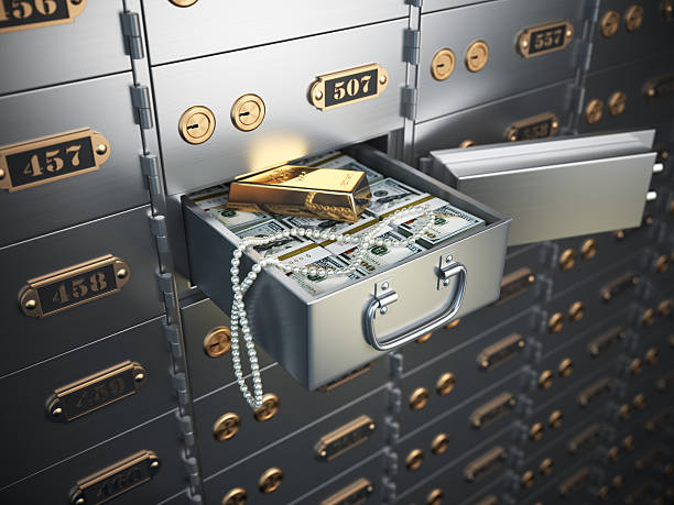 Open safe deposit box with money, jewels and golden ingot. Open safe deposit box with money, jewels and golden ingot. 3d illustration safes and vaults stock pictures, royalty-free photos & images