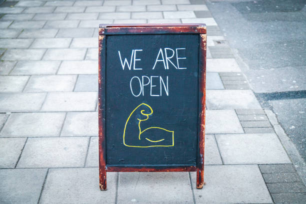 Open sign outside a shop stock photo