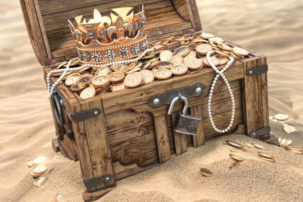 Open treasure chest full of golden coins on sandy beach. Wealth and treasure concept. Open treasure chest full of golden coins on sandy beach. Wealth and treasure concept. 3d illustration jewelry treasure chest gold crate stock pictures, royalty-free photos & images