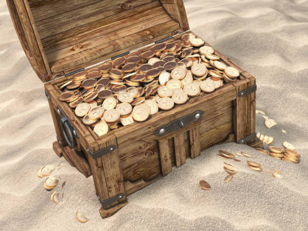 Open treasure chest full of golden coins on sandy beach. Wealth and treasure concept. Open treasure chest full of golden coins on sandy beach. Wealth and treasure concept. 3d illustration jewelry treasure chest gold crate stock pictures, royalty-free photos & images
