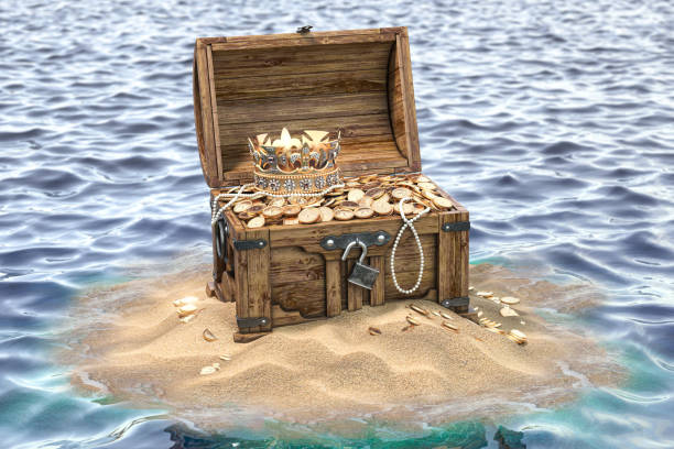Open treasure chest full of golden coins on sandy island. Wealth and treasure concept. Open treasure chest full of golden coins on sandy island. Wealth and treasure concept. 3d illustration jewelry treasure chest gold crate stock pictures, royalty-free photos & images