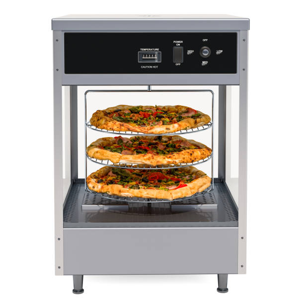 Open View Pizza Merchandiser with Pizza inside, 3D rendering isolated on white background Open View Pizza Merchandiser with Pizza inside, 3D rendering isolated on white background display cabinet stock pictures, royalty-free photos & images