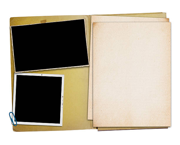 Open vintage folder with two old photographs, stock photo