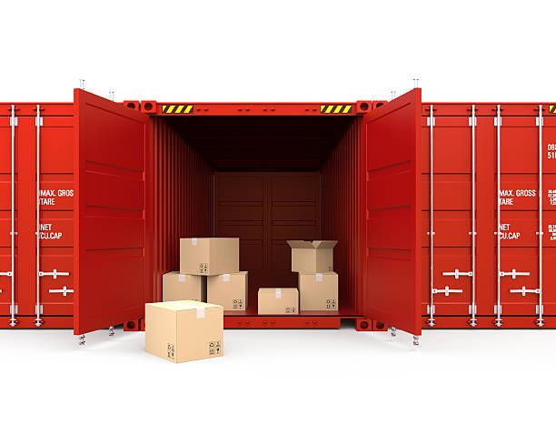 Opended orange cargo container on white background stock photo