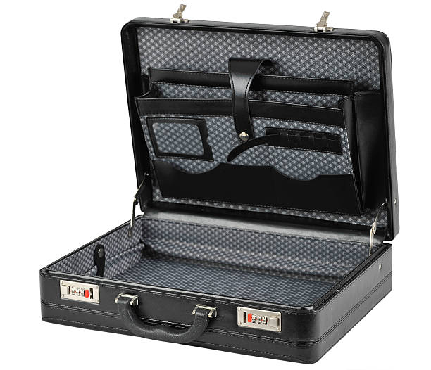 Opened black briefcase stock photo
