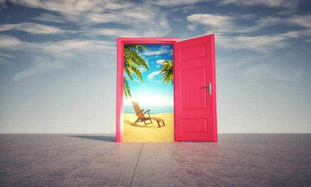 Opened door to a tropical beach. stock photo
