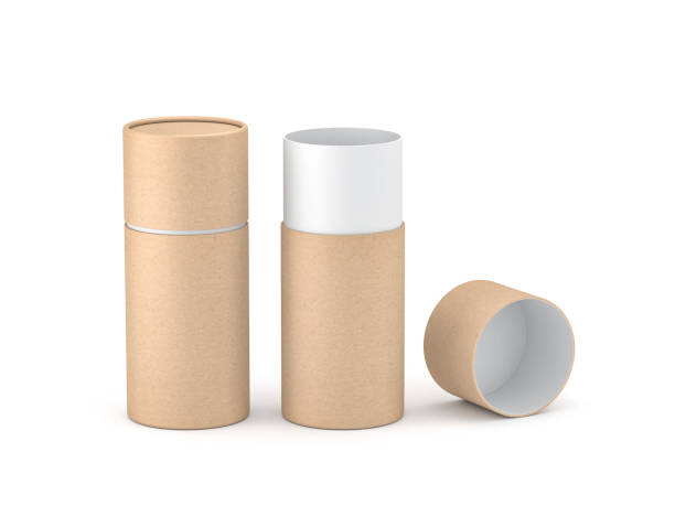 Opened Kraft paper tube tin can Mockup Opened Kraft paper tube tin can Mockup, 3d rendering cylinder stock pictures, royalty-free photos & images