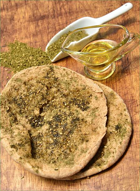 Opened Pita bread with olive oil and Za'atar stock photo