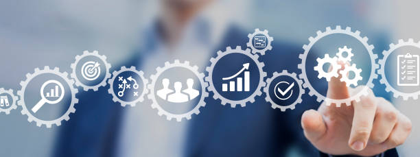 Operations management involving business process and workflow, problem solving, high perfomance, monitoring and evaluation, quality control. Concept with manager touching gears and icons. stock photo
