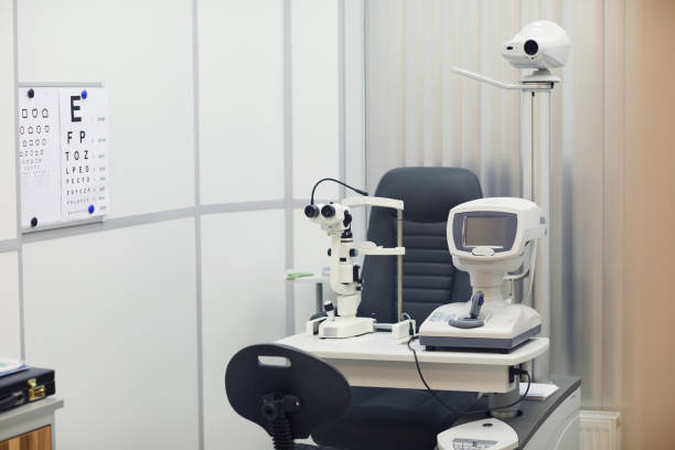 Ophthalmology Clinic Horizontal background image of modern optometrist equipment in ophthalmology clinic, copy space optometrist stock pictures, royalty-free photos & images