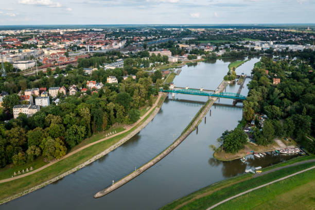 Opole, drone aerial view of bridge over Odra Oder river. stock photo