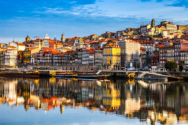 Oporto Ribeira reflections on Douro River, Portugal.