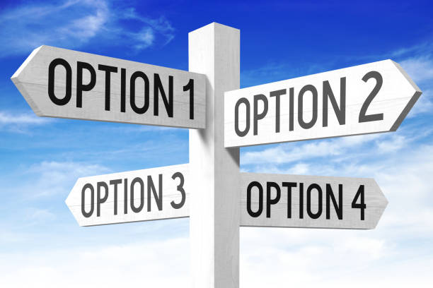 Options concept - wooden signpost White wooden signpost with four arrows - "option 1", "option 2", "option 3", "option 4". 

 decisions stock pictures, royalty-free photos & images