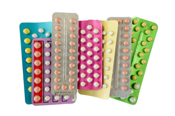 Oral contraceptive pill strips isolated on white background with clipping path. stock photo