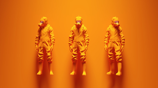 Orange 3 Hazmat Suit Ravers with Green Background 3d illustration render