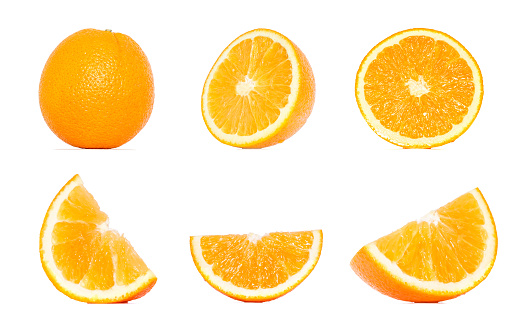 Orange fruit collection in different variations isolated over white background. Whole and sliced orange. Orange Clipping Path.